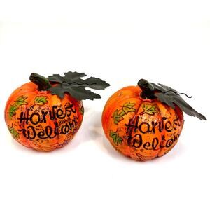 Set Resin Pumpkin Figurines w/ Metal Leaves Carved Harvest Welcome Fall Decor
